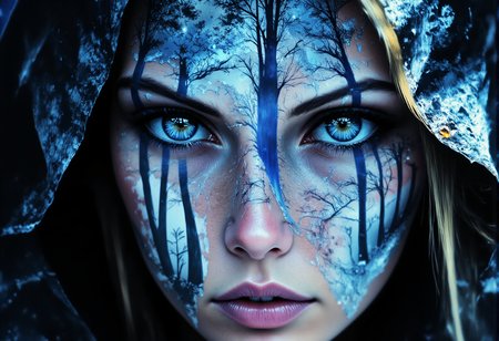 aidmaMJ6.1, darkcore, Jeddblexpsre,double exposure, ethereal. A close-up shot of a breathtaking young womanâs face, where her facial features are softly blended with an ethereal overlay of a misty winter forest . Her piercing blue eyes and delicate skin textures are visible through the translucent silhouette of the forest, creating a dreamy, surreal double exposure effect. The icy crystals on the hood of her light blue medieval cloak merge harmoniously with the natural elements. The soft lighting highlights both the woman and the superimposed scene, while shadows and highlights enhance the depth, giving the composition a balanced, thought-provoking appearance., <lora:FluxDFaeTasticDetails.safetensors:1.0:1.0> <lora:aidmaMJ6.1-FLUX-V0.2.safetensors:1.0:1.0> <lora:Flux DoubleExposure_epoch_1.safetensors:1.0:1.0> <lora:NebulaNexus_v1.safetensors:0.7000000000000001:0.7000000000000001>