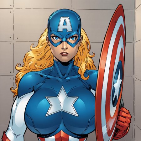 American Dr3am,1girl, superhero, blonde hair, solo, animification, long hair, blue eyes, mask,  shield, holding,holding shield,gloves, star (symbol), huge breasts, upper body,bodysuit, mansion interior background