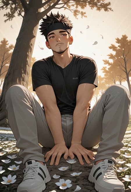 masterpiece, best quality, amazing quality, good quality, very awa, newest, highres, absurdres, warm light, lively and bustling atmosphere, background details visible, shiny skin, outdoor, flower field, tree, sky, sunbeam, solo, male focus,
1boy, black hair, spiked hair, brown eyes, headband, facial hair, amirrama, shirt, pants, white sneakers,
dynamic pose, relaxing, fisheye, windy, (flying petal:1.5),