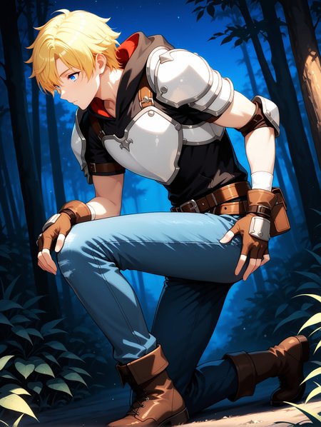 masterpiece, very aesthetic, best quality, amazing quality, solo, 23 years old, imtdjaunearcil, 1boy, blonde hair, short hair, armor, gloves, pants, belt, blue eyes, hood, fingerless gloves, brown gloves, jeans, denim, hoodie, hood down, shoulder armor, boots, shoulders pads, beautiful background, dark background, night, nature, outdoor
