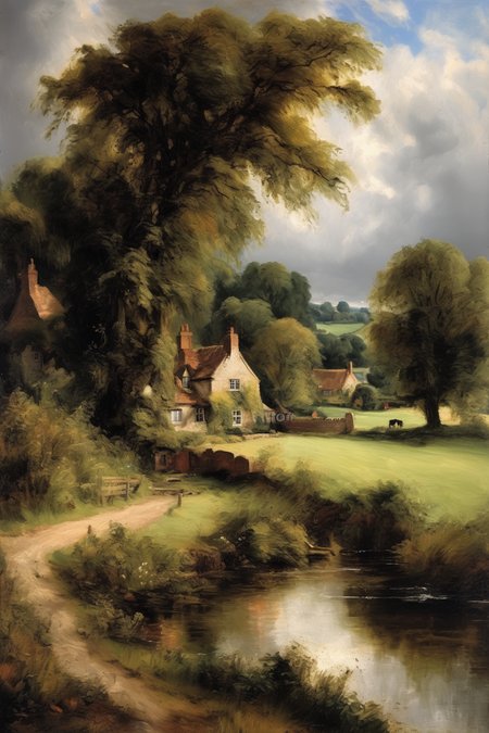 John Constable Style - picturesque English countryside artistic, atmospheric, fine brushwork, impasto, detailed oil paint, Rembrandt, Da Vinci, Caravaggio, Vermeer, in the style of an Old Master oil painting