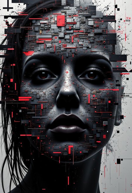 ✪ A chaotic abstract portrait where the face of a mysterious figure is gradually morphing into countless swirling layers of cyber textures, pixel shards, and random symbols (⚙️, ♠, ☯), each layer flickering like an overexposed computer monitor in a malfunctioning dream.
, aidmamj6.1, aidmaHyperrealism, aidmafluxpro1.1