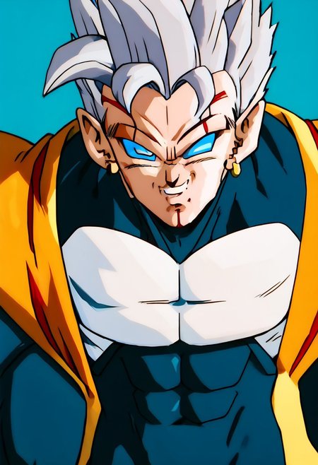 score_9, score_8_up, score_8, -man,solo, Mature man, pants on, markings on face, red markings , fully clothed, eyes all blue, solid blue eyes 4k, High Quality, yellow vest, white top, gray hair male , blue eyes, no inner eye, no pupils, nothing in eyes, blank eyes, tight black bodysuit pants, red eyebrows, red under mouth, blue sclera, no iris , muscle, big shoulders, big arms, big legs, big thighs, male wearing a black lycra, vegeta sufurujin jacket, tight-fitting black lycra, sufurujin vegeta outfit, red marking on chin, red marking below mouth,no whites in male's eye, no inner eye on male , one solid eye color, evil smile, evil expression,  
-
 FgohanSS,super saiyan, 
-
, style of akira toriyama, earrings,standing,