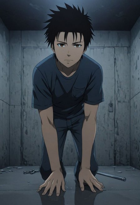 Highres, Masterpiece, High Quality, 4K, 8K, solo, 1Boy, Soujirou Agata, brown eyes, black hair, interrogation room, kidnapper, basement, dark, dimly lit, concrete walls, eerie, abandoned room, damp, stuffy, concrete floor, satisfied expression, revenge, looking down at viewer from bottom, threatening, intimidating, dominant, standing on top, weapons, rulers, easynegative, detailed_eye_model