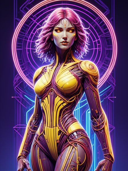 female cyborg made of mad-cable,  in the style of alphonse mucha, geometric pattern in the background, neon_red lightning, neon_yellow lightning, neon_purple lightning, cables, wires, synthwave, vaporwave, retro futurism, Standing tall pose   <lora:Cables_SDXL:0.8>  <lora:Neon_Cyberpunk_SDXL_Cyberspace:0.5> mad-cyberspace, cyberpunk, scifi, 1980s, retro <lora:aesthetic:1> aesthetic <lora:sd_xl_dpo_lora_v1:1>, (masterpiece:1.2), best quality, (hyperdetailed, highest detailed:1.2), high resolution textures