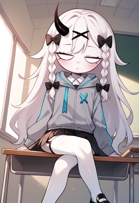 masterpiece, best quality, uncensored, source_anime BREAK score_9, score_8_up, score_7_up, score_6_up, score_5_up, score_4_up, 1girl, solo, rasazyfnf, single horn, white eyes, no pupils, long hair, white hair, white skin, twin braids, x hair ornament, hair bow, Expressiveh, chibi, grey jacket, hood, long sleeves, cyan lines, black skirt, white thighhighs, bow, black garter straps, black footwear, shoes, sitting, crossed legs, from below, detailed background, indoors, sitting on school desk, classroom <lora:Expressive_H:0.6> <lora:add-detail-xl:0.5> <lora:Rasazy_MFM_Fnf:0.8>