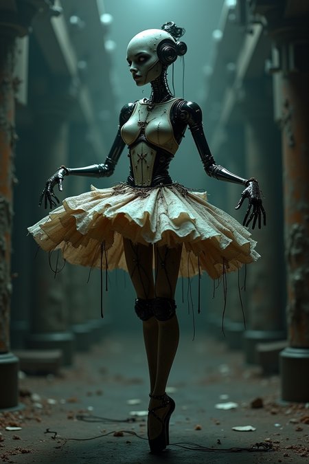 A captivating image of a dark, eerie ballerina robot, imbued with a cosmic horror theme. The robot stands gracefully in a dramatic pose, its body illuminated by dim, otherworldly light, casting elongated shadows. Its intricate design combines steampunk and dark fantasy elements, with a worn, organic appearance to its skirt that evokes decay and surrealism. Surrounding the robot is a mysterious, mechanical background that adds to the haunting atmosphere. The combination of these elements creates a striking visual narrative of a haunting, otherworldly dancer, drawing the viewer into a world of enigmatic beauty and chilling wonder.