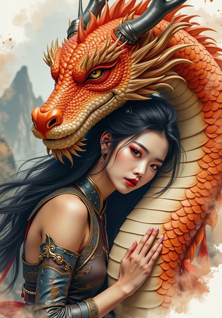 A masterfully rendered close-up watercolor poster in photorealistic style, spotlighting a beautiful oriental female dragonrider leaning gracefully against the proud chest of her dragon. Her long, wild hair cascades over ornate shoulder armor, and her face—framed by sharp dark eyeshadow and luscious red lips—exudes a melancholic power. Her expression is contemplative, one hand resting lightly on the dragon’s gleaming, burnished scales, which reflect warm highlights of amber and rust. The dragon’s features are majestic and noble, its head turned slightly toward her, eyes glinting with intelligence. Behind them, blurred silhouettes of mountains and clouds give a dreamy, mythic ambiance. Watercolor blooms and bleed effects surround the pair, giving the image both texture and emotional depth, while a glossy finish enhances every reflective surface and soft blend