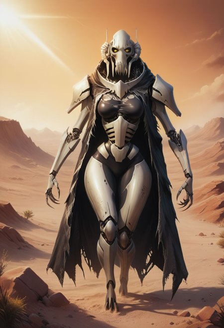 score_9, score_8_up, score_7_up, rating_questionable, source_cartoon, solo, general grievous, general_grievous, robot, curvy, torn cloak, yellow eyes, black rubber skin, wide hips, stooping, medium breasts, desert, four arms, rusty, scenery, god rays, concept art, digital art, realistic,