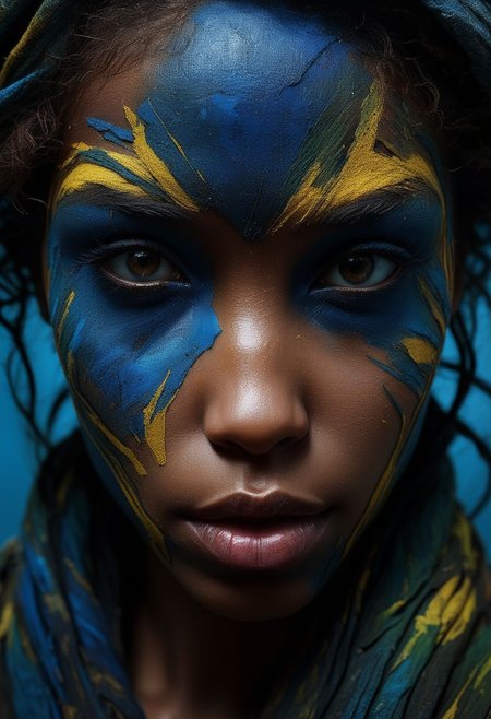 Close-up face, mysterious silhouette of an exotic coloured girl in worn down clothing, light war-paint over eyes only, goddess, alluring, by Minjae Lee, Carne Griffiths, Emily Kell, Steve McCurry, Geoffroy Thoorens, Aaron Horkey, Jordan Grimmer, Greg Rutkowski, amazing depth, double exposure, surreal, geometric patterns, intricately detailed, bokeh,  perfect balanced, deep fine borders, artistic photorealism , smooth,  great masterwork by Suiras  <lora:add-detail-xl:2>  <lora:Double_Exposure:0.5>