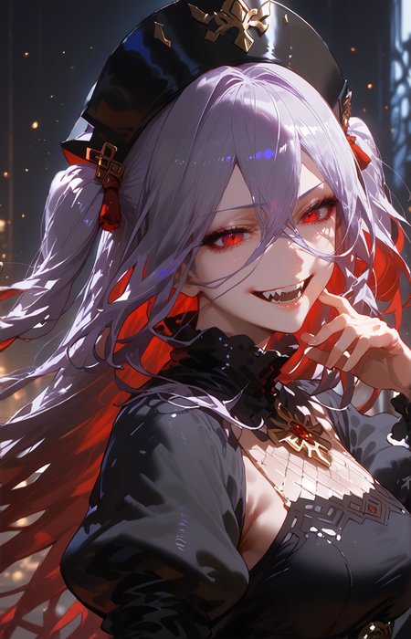 <lora:Overlord:0.4>,<lora:GEN 0.1v:0.8>,<lora:Expressive_H-000001>,source_anime,score_9,score_8_up,score_7_up,score_6_up,dark theme,low light,sidelighting,
1girl,solo,adult,tall female,two-tone hair,silver purple hair,long hair,long bangs,two side up,full bangs,hair between eyes,straight hair,red eyes,pale skin,medium breasts,glowing eyes,light particles,black dress,red accent,high collar,black headwear,puffy sleeves,ojou-sama pose,blood,fangs,intricate dress detail,bloom effect,smile,teeth,half-closed eyes,