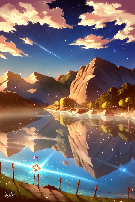 PDXL, source_anime, <lora:AlpcmasV1:1>, alpcm4s, landscape, 
giant lake, night sky, stars, galaxies, 
volumetric reflections, volumetric shadows, HDR, shot on Canon DSLR
