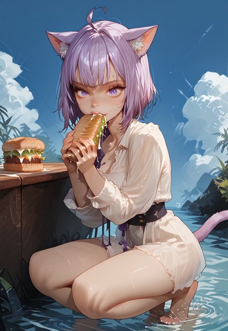 score_9, score_8_up, score_7_up, c3l3st3n01r, CelesteNoir, source_anime, zPDXL3, 1girl, solo, ((wide-eyed, wide eyes, hungry eyes:1.0), open mouth bite, eating a sandwich, sandwich in mouth, hololive), okayuBase, short hair, purple eyes, purple hair, cat ears, cat tail, ahoge, skindentation, one foot up, barefoot, smooth image, cute, petite, slim, skinny, slender, soft lights, leaning on one knee, soft shadows, shiny skin, thin waist, Expressiveh, side view, (dripping wet, crystal clear water, partially submerged:1.1), cat paw flag in background, pirate ship with cat paw flag in background, tropical island, 