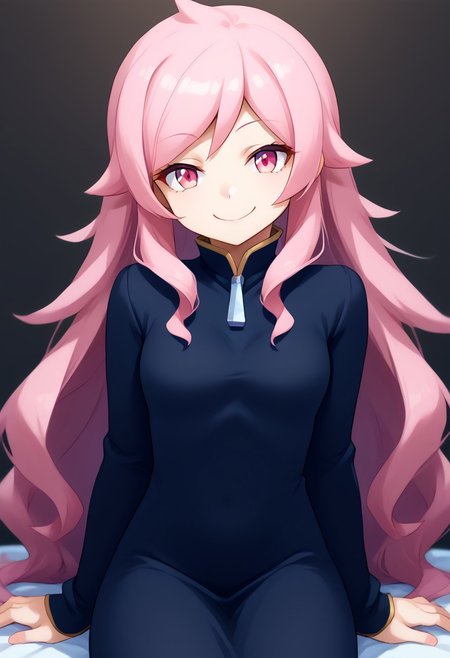 1girl, solo, Akiho_Rindou, pink hair, long hair, pink eyes, black dress, dress, long dress, long sleeves, juliet sleeves, long messy hair, @ @, front view, looking at viewer, head tilt, cheesy smile,, highly detailed, freebos_smoothiestyle,
absurdres, high quality, score_7_and_up