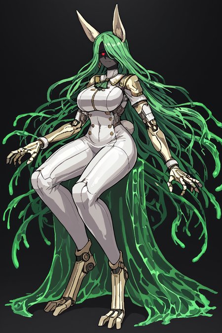 score_9, score_8_up, score_7_up, score_6_up, score_5_up, score_4_up, BREAK, source_anime, solo, 1girl, rating_safe, ((mature female)), ((long green flowing hair)), mechanical parts, ((plastic, polymer, metal body)), (big mechanical rabbit ears), mature female, (bunny ears), (animal ears), subdermal port, ((milf, mature female, big breasts)), hexagon lines in skin, naval uniform overcoat, naval uniform, white military uniform, dress_uniform, ribbons, ((red eyes)), bunny tail, rabbit tail, aiguillette, ((green hair)), ascot, ((Shallow Depth of Field shot, Sitting with hands clasping the knee )), pilot suit, shoulder cutout, bunny rabbit Tail, ((hair over one eye, )), digitigrade, clawed feet, minimal clothes, ((metal skin, shiny skin, vampire aesthetic, digital eyes, filled eyes, monochromatic eyes, glowing eyes, colored sclera, red sclera, mechanical eyes, partially shaded face, slit pupils, angular, minimal face, minimalism, narrow eyes, large eyes)), (anubis \(mythology\), anubis \(mythology\), ), <lora:Pony_DetailV2.0:1.5>, <lora:age_slider_v4:4>, ((dark, shaded, black background, horror, GREEN HAIR,)) <lora:ECHANIS:0.7>,  <lora:Valmardraws:1> by valmardraws, pixel art,  <lora:slime sex_pony_V1.0:1> slime sex, slime