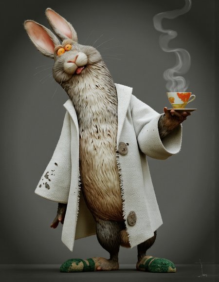 Art by Jean-Baptiste Vendamme. A 3d rendering shoot from a frontal camera angle about a cartoon rabbit character wearing a robe and holding a steaming cup, with a playful expression. the image also shows a stylized, anthropomorphic rabbit character standing in the middle of the image. the rabbit character, who appears to be in his mid-twenties, has a long, fluffy grey fur, large, expressive orange eyes, and a mischievous expression with its tongue sticking out. it is wearing a white robe that is torn and frayed at the edges, and green knitted slippers on its feet. the character is standing with one foot in front of the viewer and the other foot behind it, giving a playful pose. the background is a plain, dark grey, which complements the cartoonish character's furry appearance and the steam rising from the cup, adding to the whimsical atmosphere of the scene.