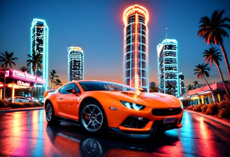 ((ClassicSportsCar )), 80´s sport car,  gleaming orange Ford GT 40, palm trees, seaside, cityscape, at dawn, neon lights, 4K, highly detailed, (((stylish grainy analog 35mm film photo))), ClassicSportsCar, mad-vprwv
