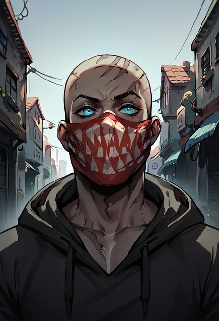 (((beautiful, hyper realistic, high quality))), score_9, score_8_up, score_7_up, solo, ((upper body)),
1boy, Pyke, dark skin, tatto, blue eyes, bald, scars, red mask with printed teeth, Black hoodie, rolled up sleeves, dark alley,
Dark background, blurred background,