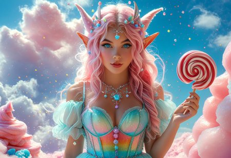 A hyper-realistic fantasy portrait of a beautiful candy elf standing on a cloud made of pink and blue cotton candy, surrounded by a sky that looks like spun sugar and rainbow sprinkles. The elf has shimmering pastel skin with iridescent highlights, large sparkling eyes, and delicate ears shaped like curled candy canes. Her hair flows like melted marshmallow and is decorated with tiny gummy stars. She wears a dress made of translucent sugar crystals and glossy lollipop shards. Magical glow, dreamy lighting, and high detail.
Style tags:
hyperrealistic, candycore, fantasy, pastel aesthetic, dreamy, ultra detail, fairy tale, vibrant lighting, soft clouds