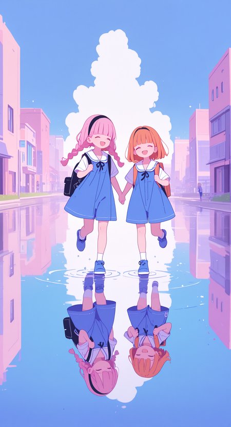 masterpiece, best quality, good quality, newest, highres, absurdres, 
2girls, long hair, smile, open mouth, short hair, shirt, blonde hair, dress, white shirt, closed eyes, pink hair, braid, short sleeves, outdoors, hairband, sky, shorts, shoes, socks, day, blunt bangs, sailor collar, water, bag, orange hair, blue sky, twin braids, blue dress, black hairband, backpack, building, child, white sailor collar, blue shorts, reflection, walking, blue footwear, sailor dress, running, city, ripples, holding strap, reflective water, Flatline, Flat vector illustration <lora:illustriousXL_stabilizer_v1.23:0.3> <lora:NOOB_vp1_detailer_by_volnovik_v1:0.3> <lora:ponyv6_noobE11_2_adamW-000017:0.3> <lora:XXX667:0.7> <lora:checkpoint-e18_s306:1.8>