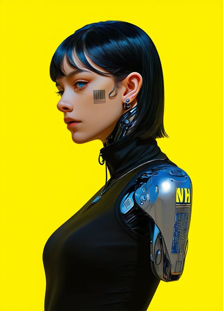 realistic,  
masterpiece, best quality, amazing quality, highres, absurdres, very aesthetic, very awa,expert shading, ultra detailed, UHD, 8K,
BREAK, 
N3onSp3ctra, 1girl, solo, jewelry, earrings, tattoo, black hair, blue eyes, yellow background, cyborg, mechanical arms, realism, (poster:1.1),  barcode, vector graphics, Japanese text <lora:NeonSpectra-000011:0.75>