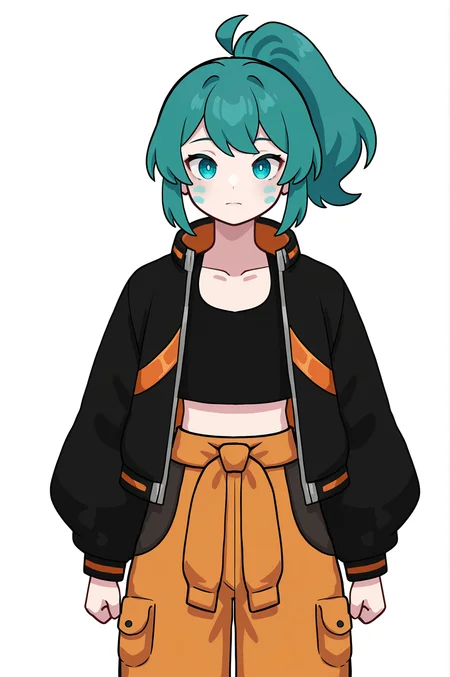 1girl, solo, LennaOC, teal hair, cyan cheek marks, sweeping bangs, ponytail, flat chested, black croptop, black jacket, long sleeves, shiny orange jacket accents, orange trims, orange pants, dark grey pockets, dark grey trouser accents,
arms by side, strong pose,
masterpiece, best quality, newest, absurdres, highres, sensitive,  <lora:Lenna_Illustrious:1>
minecraft