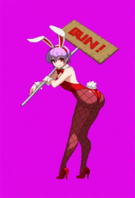 masterpiece, best quality, solo, 1girl, smile, looking at viewer, <lora:Dengeki_Bunko-illus_Fp:1>, full body, pixel art, simple background, <lora:Lilith-illus_Fp:1>, lilithbun3, red eyes, purple hair, short hair, playboy bunny, red leotard, rabbit ears, rabbit tail, red bowtie, detached collar, fishnet pantyhose, high heels, leaning on object, standing, holding sign, from behind,