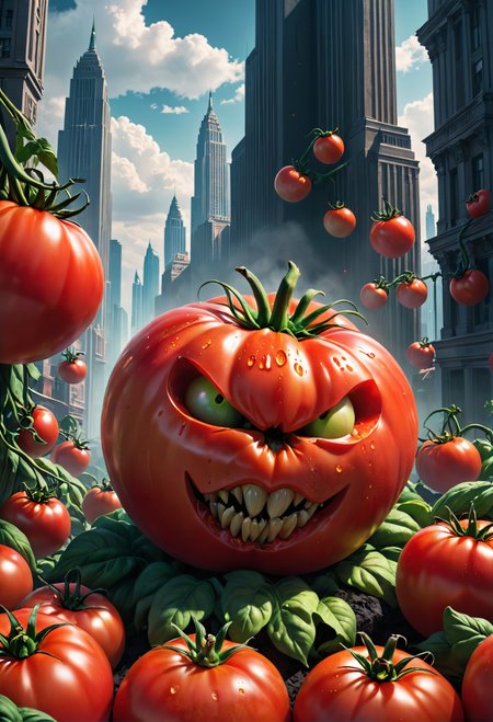 Conceptual Art of Darkcore aesthetic, portrait of a b-movie poster with a cheesy title featuring giant, menacing tomatoes attacking a city, bright colors, stunning background. dark and moody, a mesmerizing blend of light and shadow. masterpiece, absurdres, intricate details <lora:Eix-Raol_v1-027-Lora:0.9>, concept art