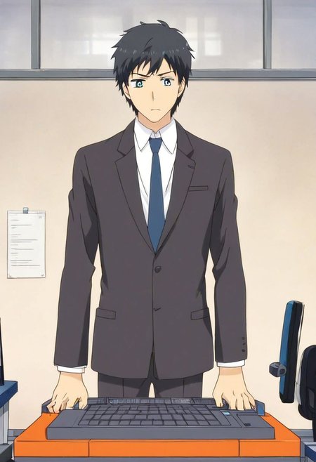 high resolution, solo, best quality, 1Boy, Arata Kaizaki, Black Hair, Blue Eyes, suit, worklife, workspace, OverallDetail