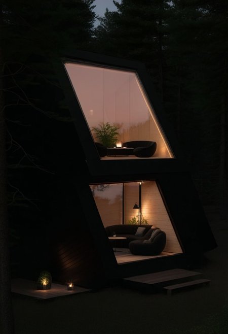 A 60-degree front-inclined square cabin in the forest with a glass wall and a glass window on the lower inclined face, containing an indoor black sofa, indoor plants, a round table, warm incandescent wall lighting, and an outdoor coffee table with a chair on the porch.