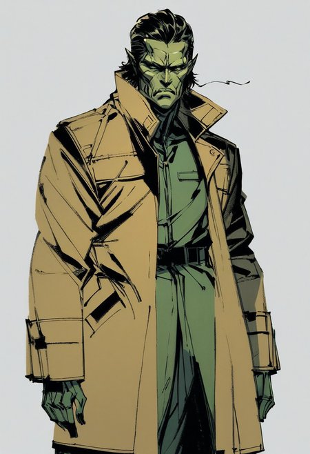 yoji_shinkawa, green alien , Male, tentacle like form, trenchcoat,  serious  <lora:Yoji_v2-000014:0.9>, score_8_up, score_7_up, score_6_up