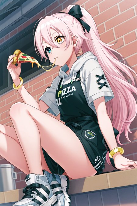 masterpiece, best quality, amazing quality,
 <lora:Lumina_IL:1> lumina, 1girl, solo, heterochromia, long hair, ponytail, food, eating, sitting, jewelry, hoodie, black apron, short sleeves, shoes, holding, blue eyes, blonde hair, pizza, sneakers, hair between eyes, pink hair, short sleeves, bow, bracelet, hair bow, yellow eyes, bangs, holding food