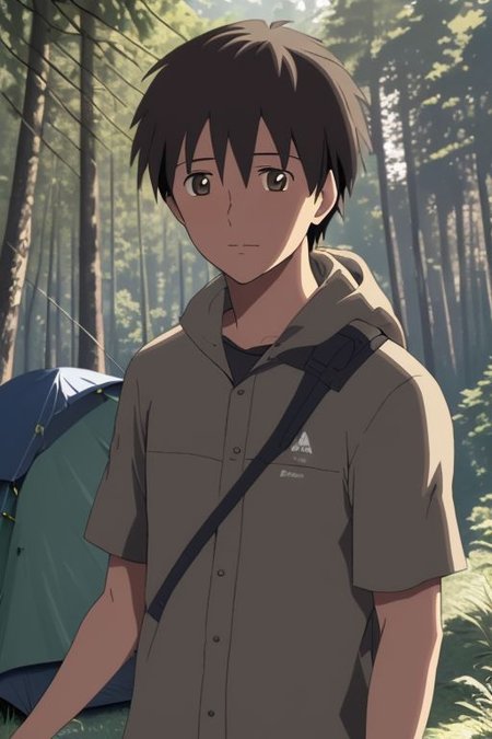 high resolution, solo, best quality, 1Boy, Takaki Toono, Brownish Hair, Brown Eyes, forest, camping, OverallDetail
