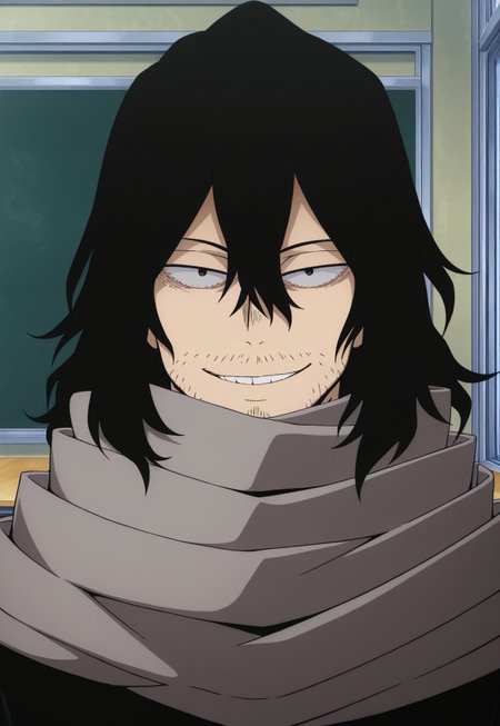 safe_pos, rating_nsfw, ultra hd, absurdres, solo, masterpiece, best quality, male focus, 1boy, cartoon art style

MHAShouta, black hair, stubble, hair between eyes, black shirt, grey scarf, portrait, headshot, smiling, looking at viewer, classroom