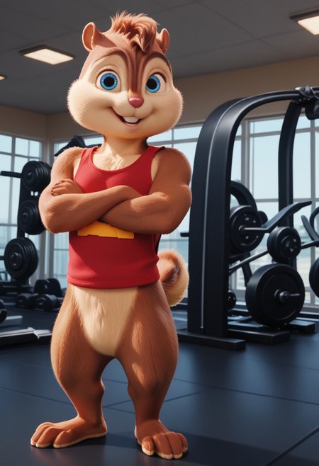 Score_9, score_8_up, score_7_up, source_furry, Alvin Seville, chipmunk, chipmunk male, furry male, furry, 3d, render, movie screencap, blue eyes, muscular body, muscles arms, muscular legs and thighs, red tank top, barefoot, gym, machines, smiling, crossed arms, looking at viewer, <lora:Alvin _Seville __Alvin_and_the_Chipmunks__CG_Movie_version:0.8>