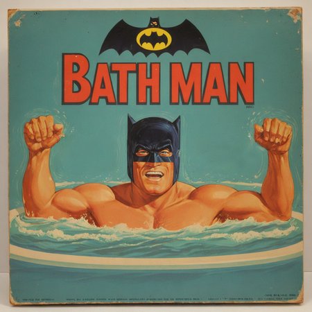 vintage board game (text logo: 'Bath man':1.2). illustration of 1960s batman in a jacuzzi