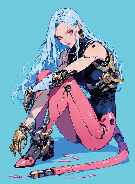 score_9, score_8_up, score_7_up,source_anime,1girl,solo,light blue hair,long hair,parted bangs,pink eyes,perfecteyes,cyborg girl,humanoid girl,mechanical hands,robot girl,mechanical joints,(blue and pink:1.3),gold plates,power chord,looking at viewer,full body,sinozick style,flat color,simple background,colorful,<lora:add-detail-xl:1>, <lora:perfect-eyes:1>,<lora:Sinozick_Style_XL_Pony:0.71>