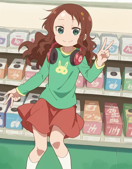 score_9, score_8_up, score_7_up, source_anime, <lora:riko-saikawa-s2-ponyxl-lora-nochekaiser:1>, riko saikawa, long hair, brown hair, green eyes, hair flower, hair ornament, flower,, skirt, shirt, long sleeves, red skirt, white socks, green shirt,, music store, browsing records, headphones, vinyl collection, nostalgic, smile, looking at viewer, v,, solo,, dutch angle,