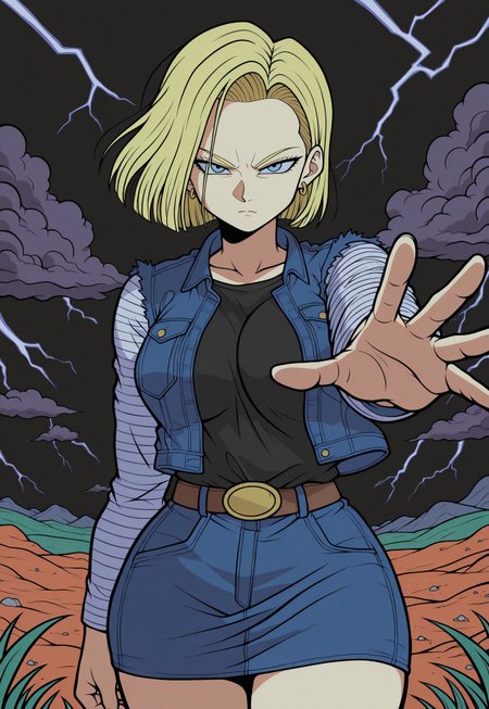 safe_pos, Masterpiece,best quality,limited color palette,lineart,vector art,1girl,solo, cowboy shot,
Android 18, serious, looking at viewer, outstretched arm, blonde hair, straight-cut bangs, eyelashes, black eyeliner, large breasts, DBZ, green grass, orange dirt, rocks, green plains, blue jacket, denim, denim jacket, jewelry, earrings, long sleeves, black shirt, blue skirt, belt, stripes, dark background, P0K3M1LF5TYL3, dark storm clouds, black and purple hues in sky, lightning, negative_hand