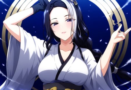 detailed background,  shiny skin, posing, rating safe,
rmnsd, horse girl, multicolored hair, streaked hair, ear ornament, mole under eye saimin.il,
saimin, tsubaki,  
clothed girl, kimono, 18 years old ,women,solo,1girl