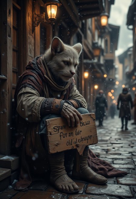 An atmospheric scene set in the Skyrim world, featuring a male Khajiit beggar sitting on a cold, stone-paved street in a bustling medieval town. His fur is slightly matted, his ears drooping with weariness, and his clothing is tattered and patched. He holds a wooden sign with written words: 'Spare some buzz for an old beggar.' Snowflakes gently fall around him, and a warm glow emanates from nearby lanterns and shopfronts, contrasting with his somber, downtrodden appearance. The background shows a detailed Skyrim-style town with wooden and stone architecture, NPCs bustling in the distance, and an immersive, wintry atmosphere. (aidmaimageupgrader, aidmaMJ6.1, in the style of Jed-clrfl),