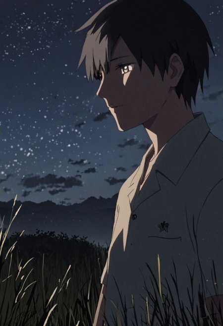 Highres, Masterpiece, High Quality, 4K, 8K, solo, 1Boy, Takaki Toono, adult, black hair, short hair, grassland, no light pollution, bush, nature, calm, peaceful, night breeze, breeze, awe, dim, easynegative, detailed_eye_model