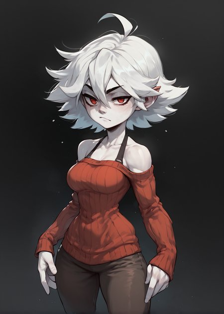white skins, spiky red short tomboy hair, neutral expression, tight sweater, <lora:NAHIRI:1> nahiri, 1girl, solo, short hair, breasts, bare shoulders, white hair, colored skin,  <lora:Huffslove_Style_PonyXL:1> shortstack, source_anime, score_9_up,  score_7_up, score_8_up