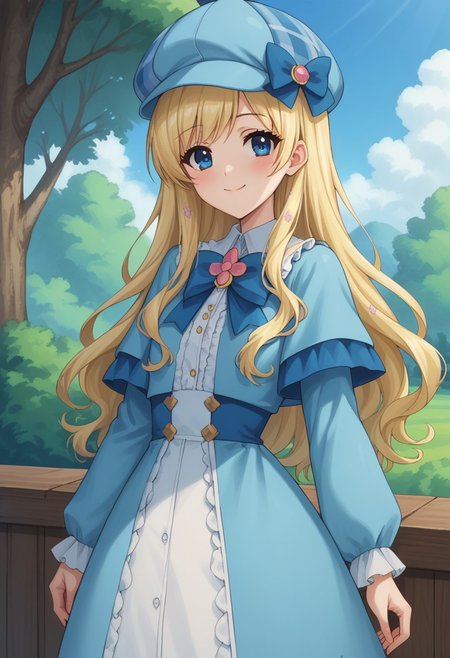 score_9, score_8_up, score_7_up, source_anime, highly detailed,
cordeliaglauca, 1girl, solo, blonde hair, long hair, hat, dress, blue eyes,
smile, looking at viewer, blue dress, standing,
blue headwear, frills, long sleeves, closed mouth, bow, 
deerstalker,  bangs, blush, frilled dress, upper body
outdoor, sky, tree