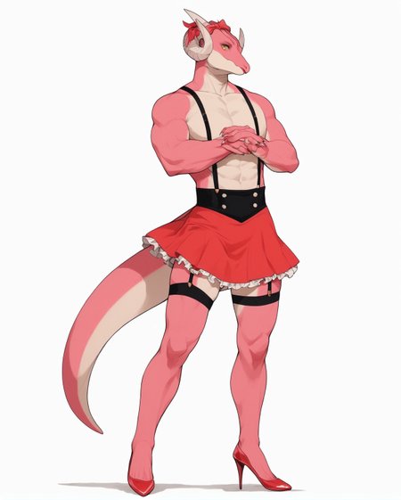 score_9, score_8_up, score_7_up, score_6_up, score_5_up, score_4_up,
(Masterpiece), (Best Quality), (Hi Res),
source_furry,
<1boy:1.5>,
<solo:1.5>,
<pink skin:1.5>,
<pink body:1.5>,
vincent_falnail, falchan, greyscale, 1boy, male focus, solo, yellow eyes, horns, furry male, furry, simple background, white background,
lipstick,makeup,ribbon,nostrils,dragon,
legs,sexy legs,muscular legs,heels,red heels,
<full body:1.5>,
<body focus:1.5>,
<simple background:1.5>,
<white  background:1.5>,
<lora:Vincent_Falnail:1> vincent_falnail,
 <lora:90s4n1m3XLP:1> 90s4n1m3, dancer,
cabaret dancer,
fishnets,
fishnet stockings,
flouncy skirts,
skirt,
frilly skirt,
frilly blouse,
cleavage,
burlesque,
makeup,
thigh high stockings, 
suspenders,
garter belt,
garterbelt,
teather,