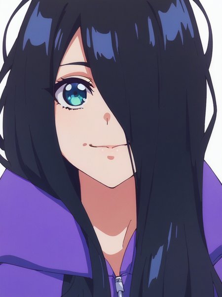 score_9, score_8_up, score_7_up,  
1girl, zenshu, black hair, long hair, hair over one eye,
smile, closed mouth,
purple hoodie, face, close-up, looking at viewer, white background,