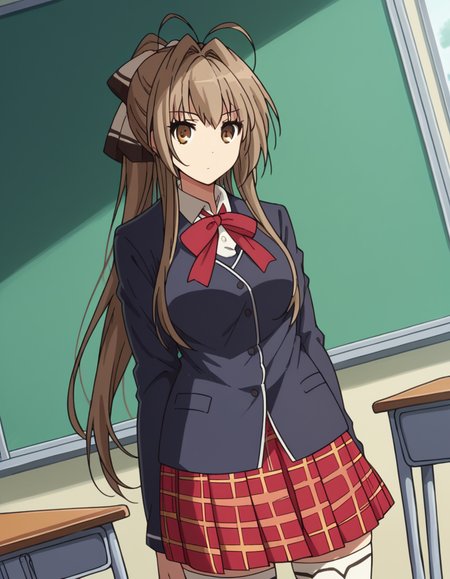score_9, score_8_up, score_7_up, source_anime,
isuzusento, <lora:isuzu-sento-s1-ponyxl-lora-nochekaiser:1>,
isuzu sento, long hair, brown hair, bow, brown eyes, ponytail, hair intakes, antenna hair,
skirt, thighhighs, ribbon, school uniform, pleated skirt, white thighhighs, zettai ryouiki, plaid, plaid skirt, 
indoors, classroom,
looking at viewer, cowboy shot, dutch angle, solo,