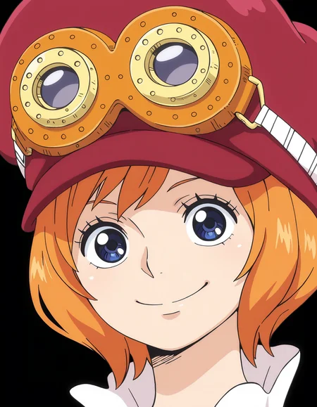 <lora:Koala Illu:1>
1girl, solo,
ko4la, short hair, blue eyes, orange hair,
peaked cap, goggles on headwear, 
portrait, smile, looking at viewer, 
anime coloring, anime screencap,, masterpiece, best quality, amazing quality,, (simple background, black background:1.5),
