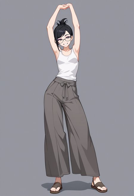 lazypos, 1girl, small breasts, black hair, folded ponytail, gray eyes, glasses, swept bangs, (purple eyeshadow:0.5), contrapposto, sandals, wide pants, white tank top, stretching, arms above head, grin