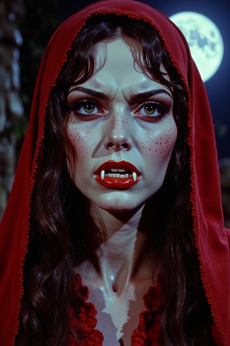a,low quality 1980 movie screengrab and cinematic detailed  closeup shot of the necromancer's face statue with freckles facials, symmetric portrait, scowl expression, shows her fangs, eye contact, wearing a red laced clothes with cloak, moon lighting, mystical night scene, beautiful mystical allure, Noir, her face and fangs are the primary focus, facial illumination ,film grain,vntgfnts style,lowres,blurry